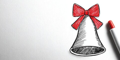 Hand-drawn Christmas bell with red ribbon on white paper background  