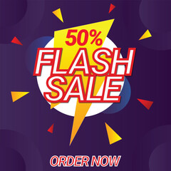 Fototapeta premium Flash Sale banner with 50% OFF. Abstract colorful background with a vector sale sign and label for all company business success. Offer Banner, off, sale, discount, flash sale, big sale, super sale.