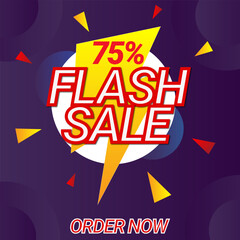 Flash Sale banner with 75% OFF. Abstract colorful background with a vector sale sign and label for all company business success. Offer Banner, off, sale, discount, flash sale, big sale, super sale.