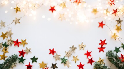 Decorative Christmas stars and lights arranged on white background  