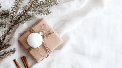 Christmas gift wrapped in natural paper with ornaments and pine  