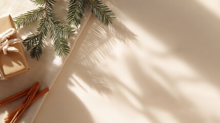 Holiday gifts and evergreen branches on neutral background  