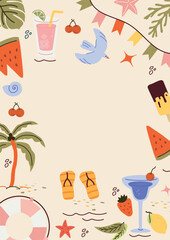 Summer, background, card of trend elements: sun, palm tree, dessert, glasses, ice cream. Fashionable modern art. Cartoon, minimalistic, abstract art Nouveau style. art template for summer printer