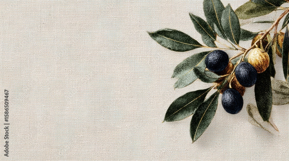 Poster olive branches and figs arranged on textured linen for a rustic and elegant setting