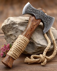 Decorative axe with etched blade on stones high resolution picture