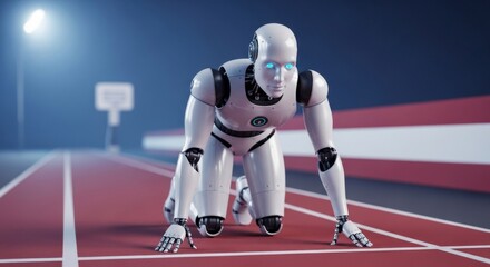 Fototapeta premium A humanoid robot in a starting position on a race track, ready to compete