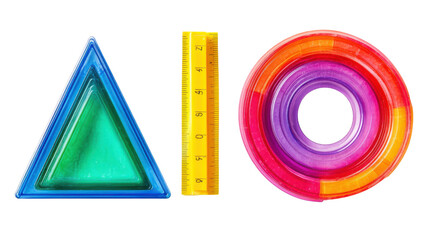 Set colorful plastic triangle ruler and semicircle on white background