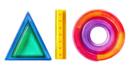 Set colorful plastic triangle ruler and semicircle on white background