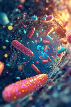 Probiotic Bacteria Under Microscope &ndash; 3D Render of Gut Microbiome