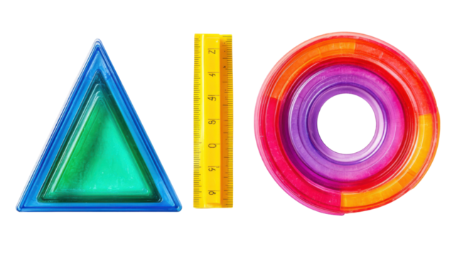 Set colorful plastic triangle ruler and semicircle on white background