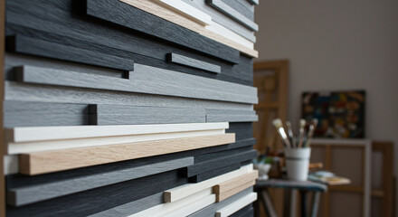 Wood panel wall art in artist studio: Gray, white, and brown.