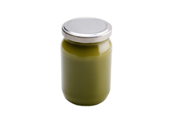 a jar of green liquid with a silver lid