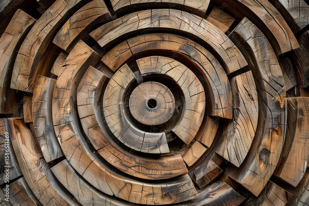 Poster intricate woodwork forming a mesmerizing circular maze pattern with concentric wooden beams