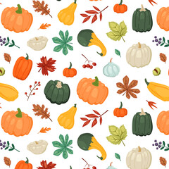 Seamless Pattern with Autumn Pumpkins and Leaves.