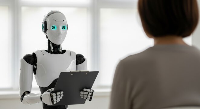 A humanoid robot is holding a clipboard while interviewing a person in a bright office setting