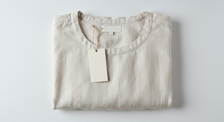 Folded linen shirt with tag on white background