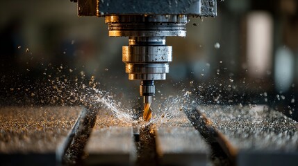 Close-up of industrial drill precisely cutting metal with sparks and splashing coolant in mechanical workshop environment.