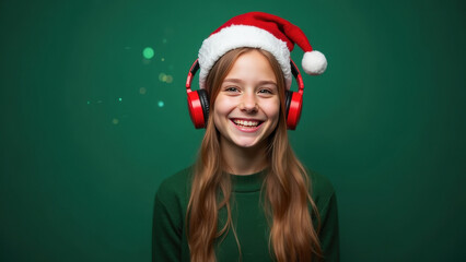Cheerful teenage girl smiling joyfully while wearing a red Santa hat and green sweater with headphones against a vibrant green background, holiday spirit concept.