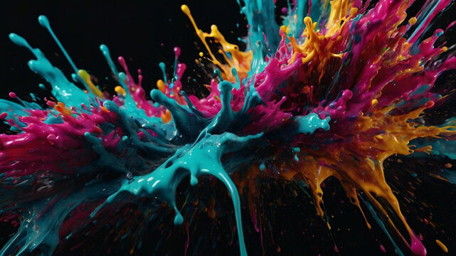 Vivid explosion of colorful paint in shades of blue, pink, and orange against a dark background, creating a dynamic and abstract splash. - Powered by Adobe