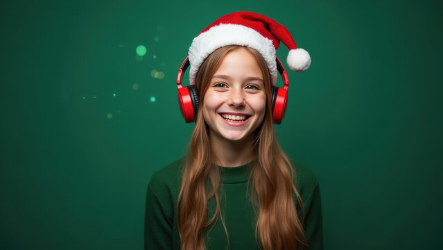 Cheerful teenage girl smiling joyfully while wearing a red Santa hat and green sweater with headphones against a vibrant green background, holiday spirit concept.