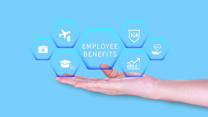 Employee Benefits Career Concept. Business Bonus Work Perks, Fringe benefits for employee engagement, Insurance, paid vacation, office perks