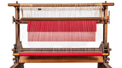 Red handloom weaving machine with threads. Traditional textile manufacturing equipment on white background