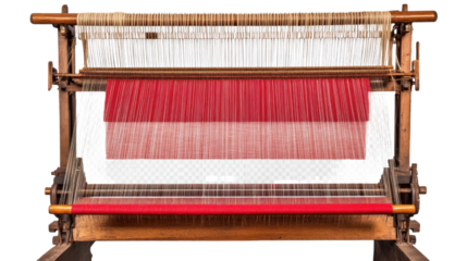 Red handloom weaving machine with threads. Traditional textile manufacturing equipment on white background
