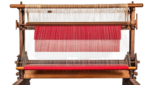 Red handloom weaving machine with threads. Traditional textile manufacturing equipment on white background