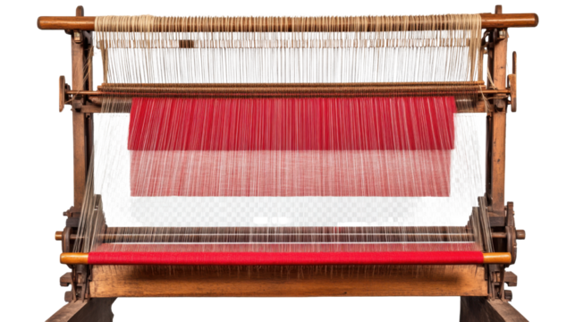 Red handloom weaving machine with threads. Traditional textile manufacturing equipment on white background