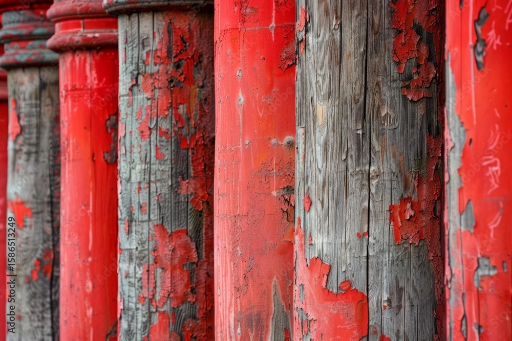 Poster close up of weathered wooden pillars with peeling red paint, creating an abstract textured backgroun
