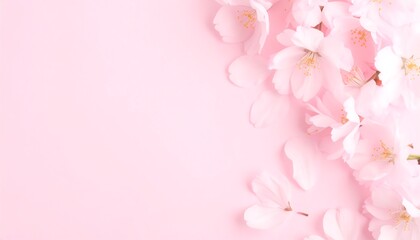 Delicate pink cherry blossoms scattered on a pastel pink background