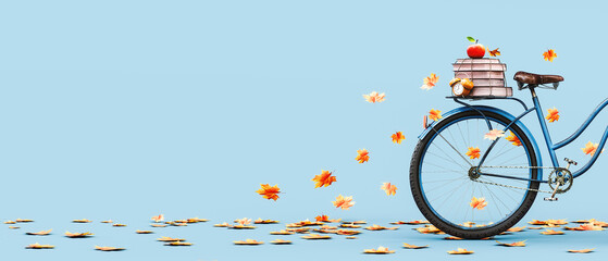 Bicycle with school books and autumn leaves on blue background with copy space. Back to school concept design. 3D Rendering, 3D Illustration