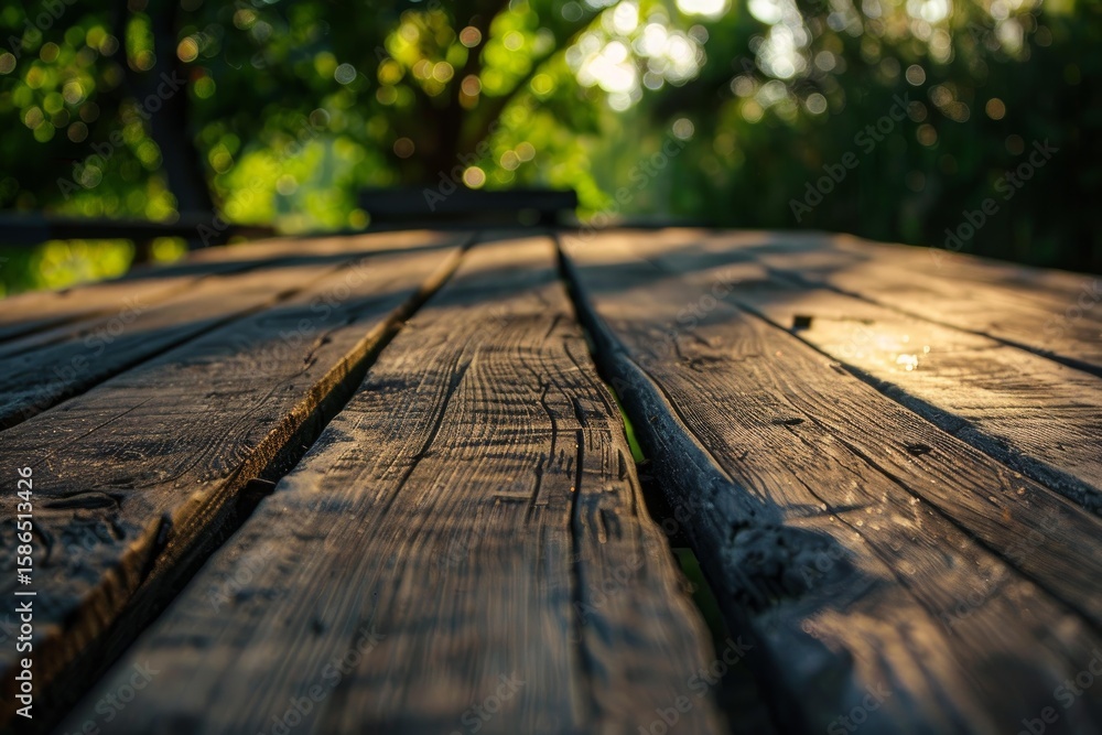 Poster sunlight illuminates a weathered wooden table surface, creating a rustic backdrop against a blurred 