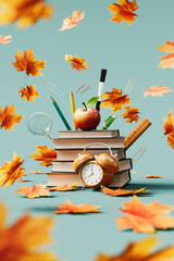 Apple with autumn leaves and school accessories on turquoise blue background. Ready for school concept design. 3D Rendering, 3D Illustration