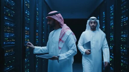 Middle Eastern IT professionals in traditional attire walking through a modern data center with glowing server racks. - Powered by Adobe