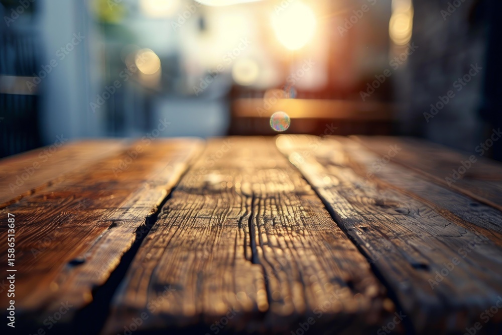 Poster rustic wooden table top with warm sunset light and bokeh effect creating perfect background for prod