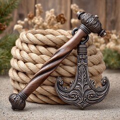 Decorative rope pin resting on twine high resolution picture