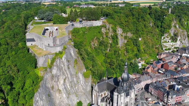 Aerial view of the village of Dinant, Belgium at sunset