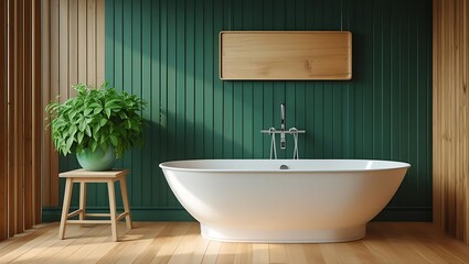 Fototapeta premium Modern bathroom with a freestanding bathtub and lush green plant