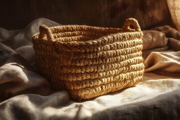 Decorative straw basket resting on folded cloth high resolution picture