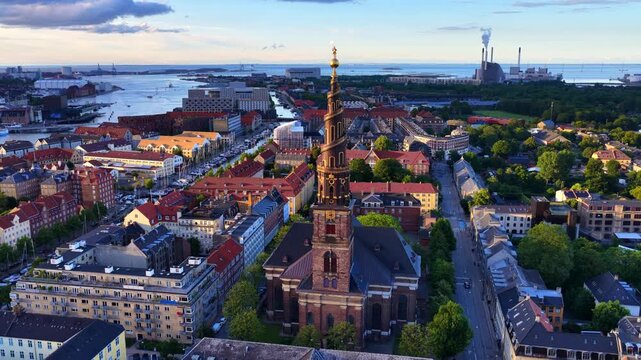 drone shot of Copenhagen famous church of Our Saviour, aerial view of downtown Copenhagen, capital of Denmark, Danish capital drone view