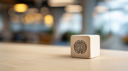 Brain Icon on Wooden Cube in Blurred Office Background Representing Intelligence, Strategic Thinking, Knowledge and Innovation in Business, Business Wooden Cube