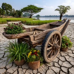 Decorative wooden wheel cart in riverside garden high resolution picture