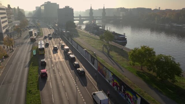 East Side Gallery in Berlin, Aerial Shot of popular art paintings on the Berlin Wall. Early Morning in BERLIN, GERMANY.
