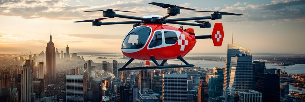 Flying Ambulance Drones: Winged drones with medical pods airlifting patients over a futuristic city. Reduces emergency response times