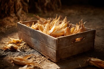 Dried corn husks in wooden crate high resolution picture