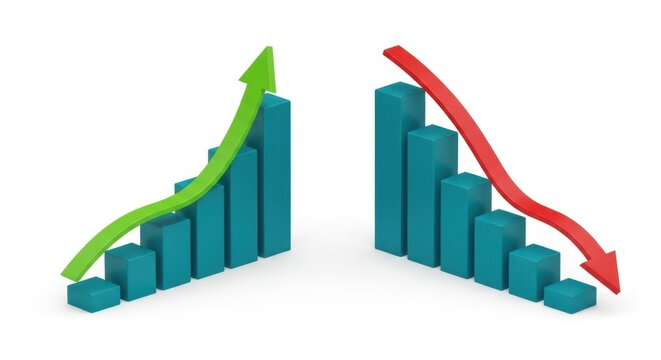 Bar charts showing upward and downward trends with arrows, representing business growth and decline isolated on white background