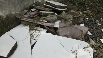 Outdoor Grungy Pile of Broken Tiles and Rubble Material