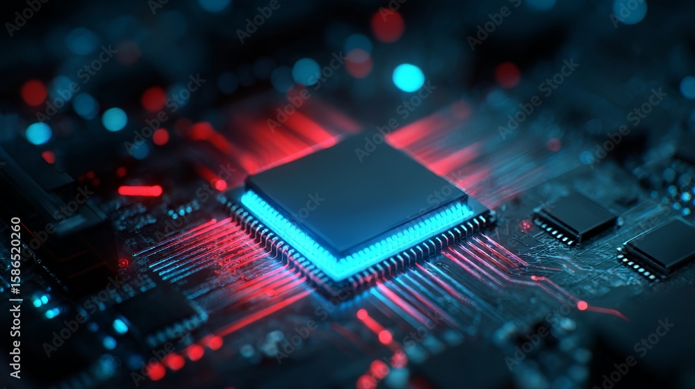 Poster glowing microchip on a circuit board, vibrant red and blue light illuminate the complex technology d