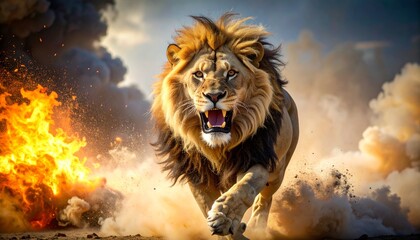 A close-up cinematic view of a terrified and screaming lion running out of an intense explosion, surrounded by fire and smoke, captured with dramatic lighting to highlight raw power and urgency.